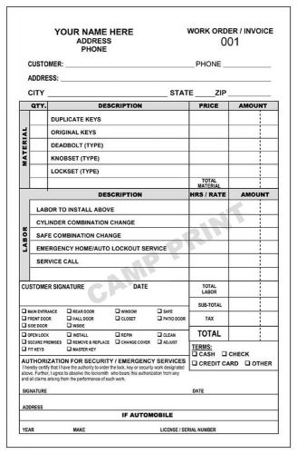 LOCKSMITH INVOICE WORKORDER -  200 2 PART CARBONLES