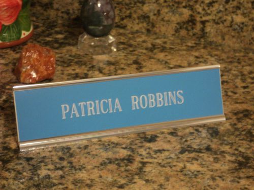 Custom engraved 2&#034; x 8&#034; blue/white sign w/silver desk holder - 1 line engraved