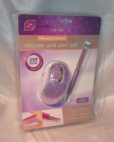 BLING WHITE OPTIC USB PURPLE &amp; CLEAR RHINESTONE MOUSE &amp; PURPLE CRYSTAL PEN SET