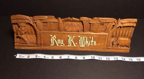 Vintage Hand Carved Wood Village Scene Wedge Name Plate w/Roy K White