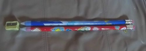 2 LARGE JUMBO LEAD PENCILS WITH ERASERS 1 SHARPENER FISHES SEA HORSE OCEAN etc