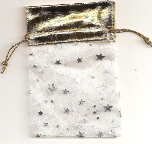 Mini Metallic Silver Stars &amp; Gold Drawstring Gift Bag - 4.5&#034; x 3&#034;  (Pack of 25)
