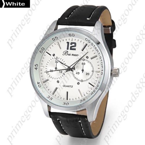 White Face PU Leather Band False Sub Dial Analog Quartz Men&#039;s Wristwatch Black