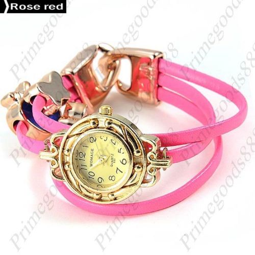 Charm Spaghetti PU Leather Round Analog Quartz Wrist Wristwatch Women&#039;s Rose Red