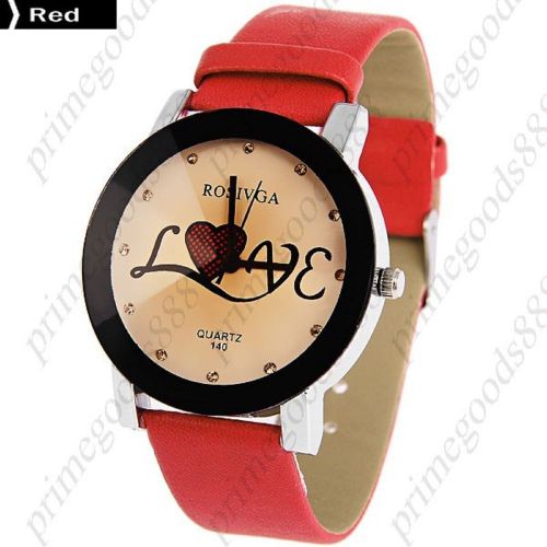 Love rhinestones pu leather lady ladies analog quartz wristwatch women&#039;s red for sale