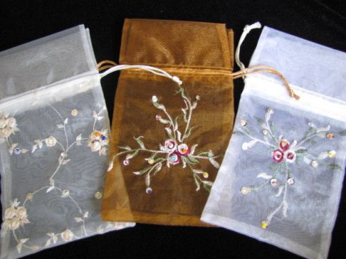 Lot of 3 New Embroidered Beaded Draw String Fabric Jewelry Pouch Bags