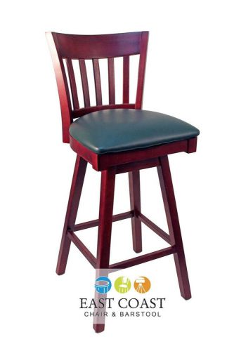 New Gladiator Mahogany Vertical Back Wooden Swivel Bar Stool w/ Green Vinyl Seat