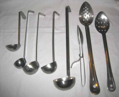 Assortment of 8 restaurant style stainless steel serving spoons and ladles for sale