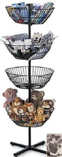 BLACK WIRE DUMP BIN 4 BASKETS OVER 5&#039; TALL SPINNER FLOOR DISPLAY SPINS