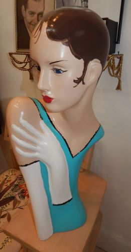 Art deco flapper style teal aqua mannequin head bust hat stand display 26&#034; for sale