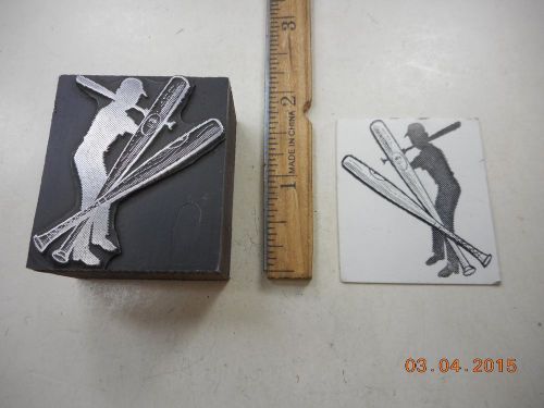 Letterpress Printing Printers Block, Silhouette Baseball Player w Bats