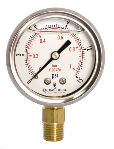 2&#034; Oil Filled Pressure Gauge - SS/Br 1/4&#034; NPT Lower Mount 15PSI