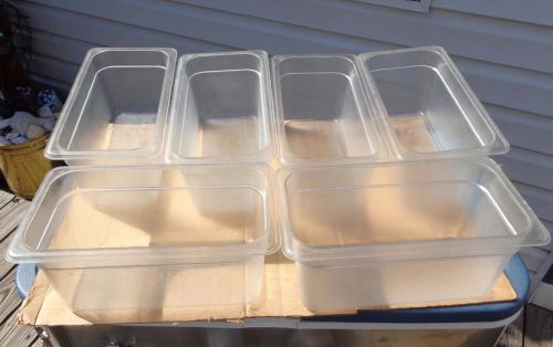 (6) USED 36CW CAMBRO 1/3 x 6&#034; DEEP PLASTIC FOOD STORAGE PAN LOT W/3 STEEL LIDS