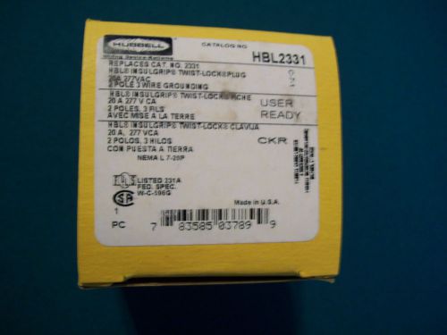 ONE - NEW HUBBELL HBL2331 INSULGRIP TWIST-LOCK PLUG 20 AMP 2-POLE 3-WIRE 277VAC