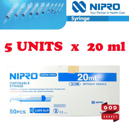 5 x 20ml nipro syringe luer slip tip hypodermic needle sterile latex free 20cc for sale