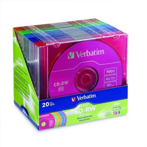 VERBATIM 94300 80-Minute/700MB 4x CD-RWs, Multi-Colored 20 pk with Slim Cases