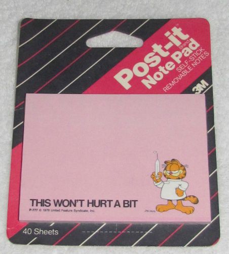 NEW! VINTAGE 1987 3M POST-IT NOTES PAD GARFIELD JIM DAVIS THIS WON&#039;T HURT A BIT