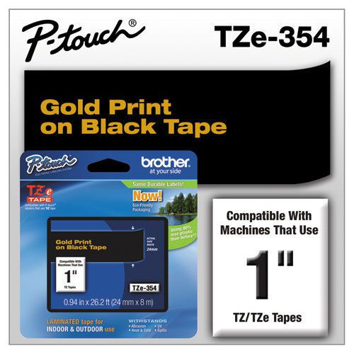 Tze standard adhesive laminated labeling tape, 1w, gold on black for sale