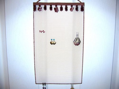 Hanging Earring Holder  Brown WOOD Beads on IVORY  Longer