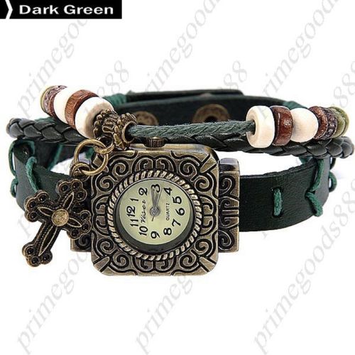 Square cross pu leather analog quartz lady ladies wristwatch women&#039;s dark green for sale