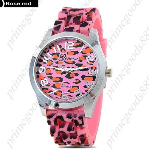 Leopard round silica gel lady ladies wrist quartz wristwatch women&#039;s rose red for sale