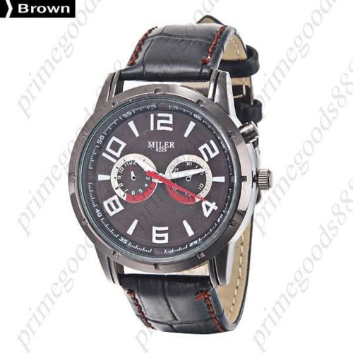 Genuine Leather Band False Sub Dials Quartz Analog Men&#039;s Wristwatch Black Brown