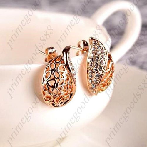 Elegant Hollow Earrings Stud Leaf Bud Shape Rose Golden Stud Earrings Rhinestone