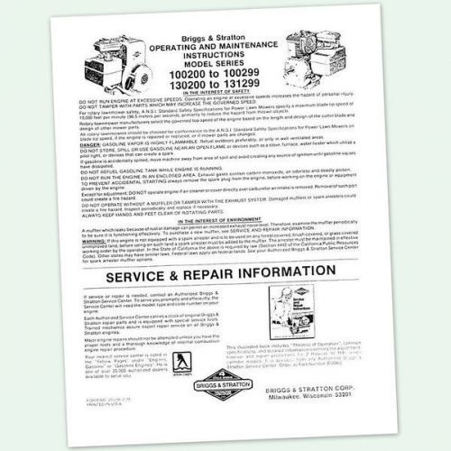 BRIGGS AND STRATTON 5hp ENGINE 130200 to 131299 OPERATING MANUAL OPERATORS POINT