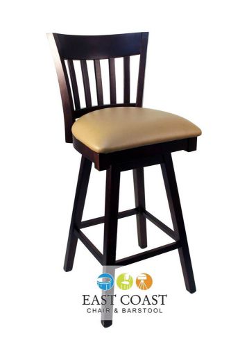 New gladiator walnut vertical back wooden swivel bar stool with tan vinyl seat for sale