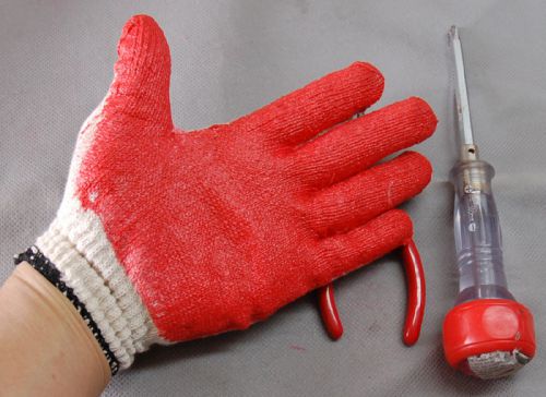 Lot of 100 pairs cotton/poly red coated latex palm finger work gloves-one size for sale