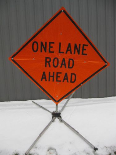 One lane ahead 48&#034; x 48 vinyl fluorescent roll up construction utility sign base for sale