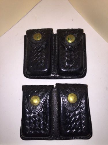 2-GF Cake BLACK LEATHER BASKET WEAVE BELT MAGAZINE CLIP HOLDERS VINTAGE POLICE