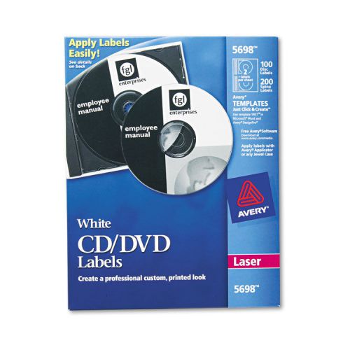 Laser CD/DVD Labels, Matte White, 100/Pack