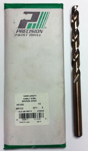 1/2&#034; COBALT TAPER LENGTH DRILL, 4-3/4&#034; LOF, 7-3/4&#034; OAL, M51CO 51332 (PACK OF 6)