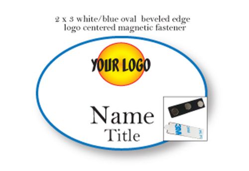 1 OVAL WHITE/BLUE NAME BADGE FULL COLOR LOGO 2 LINES OF PRINT MAGNETIC FASTENER