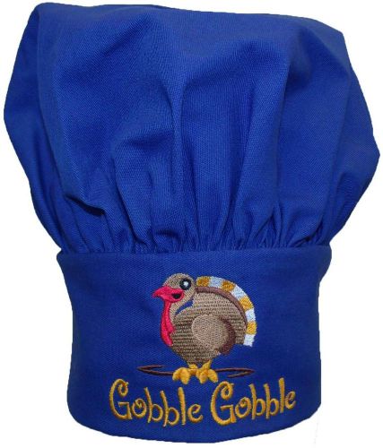 Gobble Gobble Thanksgiving Chef Hat Adult Blue Adjustable Turkey Bird Monogram