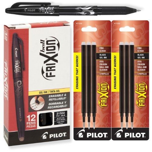 Frixion Ball Pilot 31550 Frixion Erasable Black Gel Ink Pens, 12 Pens with 2