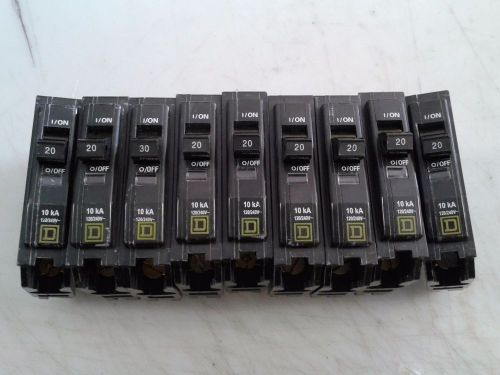 (lot of 9) working square d - 20amp circuit breaker qob 1p 10ka @ 120v -  qob120 for sale
