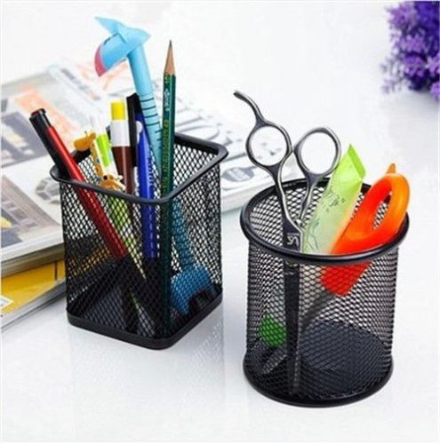 2pc square/cylinder iron mesh pen ruler holder desk home office organizer ba972 for sale