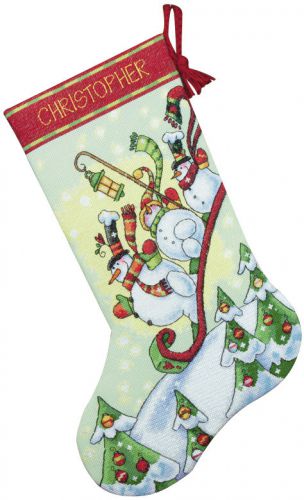 Sledding Snowmen Stocking Counted Cross Stitch Kit-16&#034; Long 14 Count