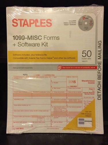 50 Ct Pack Staples 2015 IRS Tax Forms 1099-Misc Forms 5-Part Sets &amp; Software Kit