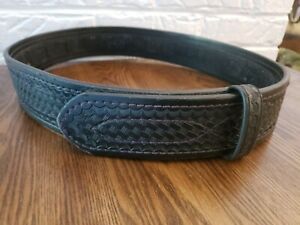 Men Vintage Police Safariland Black Basketweave Leather Size 34 Hook&amp; Loop belt