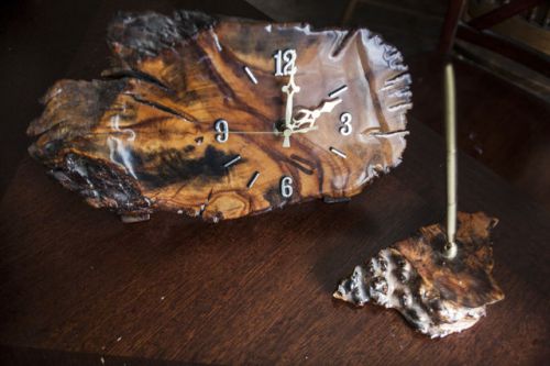 Burl Wood Fig Desk Set Clock w/ Stand Pen Matching Glossy Office Vintage Decor