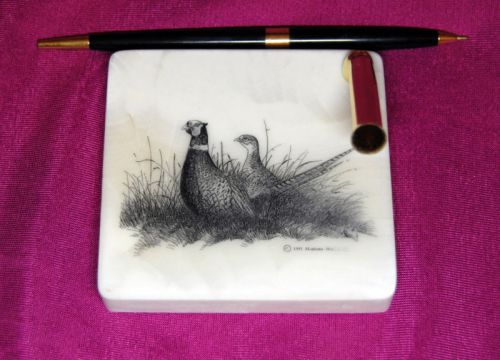 Pheasants Etched Montana Marble Desk Pen Holder Set