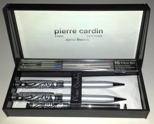 PIERRE CARDIN 15 PC PEN PENCIL SET REFILLS SILVER TONE