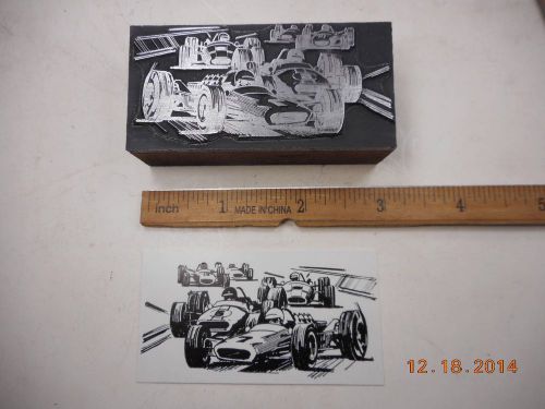 Letterpress Printing Printers Block, 5 Formula One Racing Cars on Track