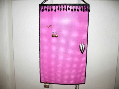 Hanging Earring Holder  BLACK beads on HOT PINK  Longer