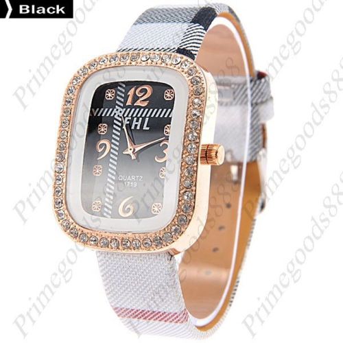 Checkered Rhinestones PU Leather Lady Ladies Quartz Wristwatch Women&#039;s Black