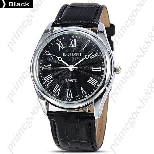 Genuine Leather Band Roman Numerals Quartz Analog Men&#039;s Wristwatch Silver Black