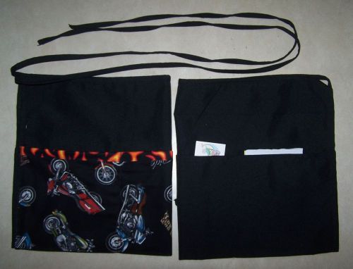 6102R  REVERSIBLE blk waitress half APRON, MOTORCYCLE, 3 pockets each side